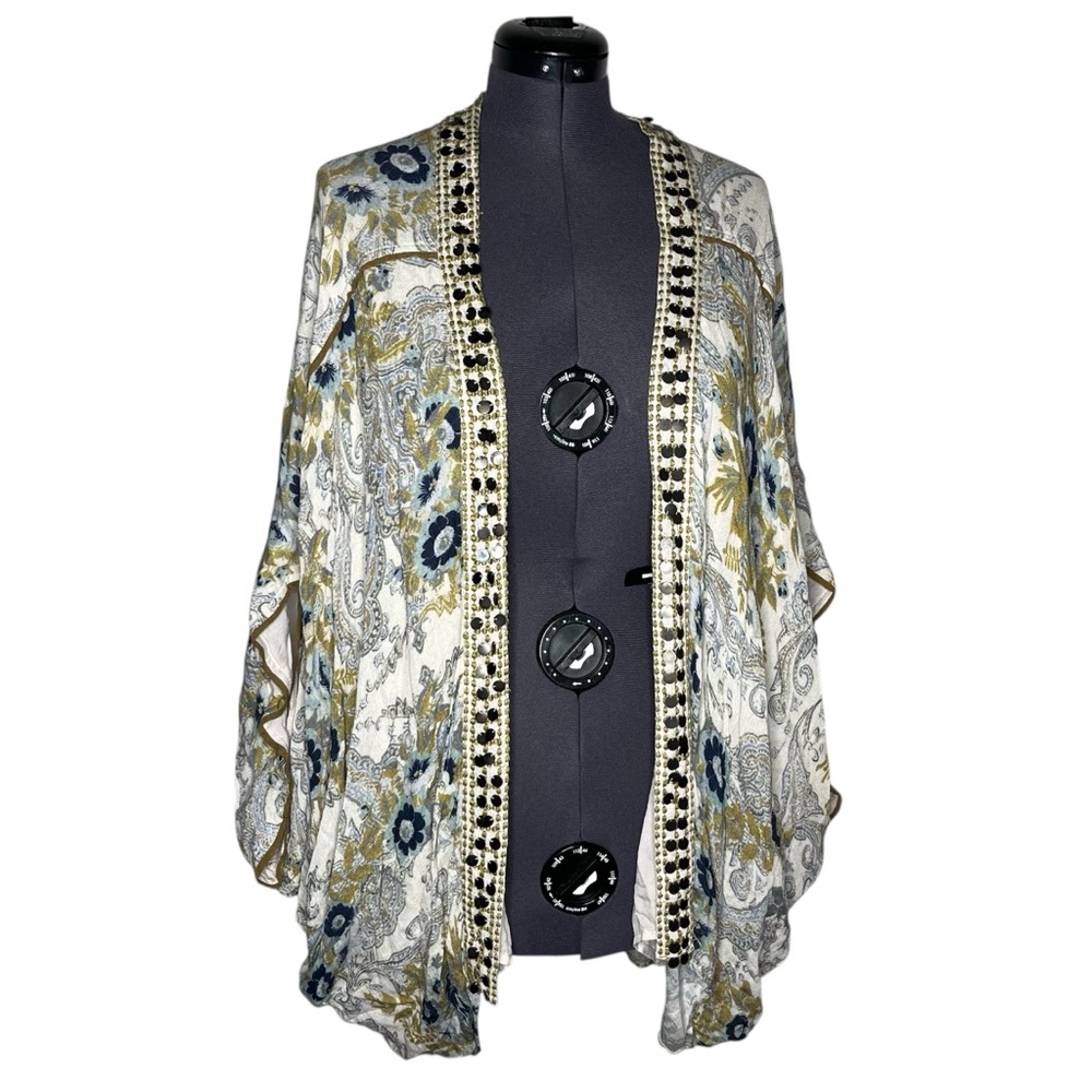 Free People Neutral Floral Jaipur Cardigan Kimono Topper OSFM Hippie Boho - Picture 2 of 9
